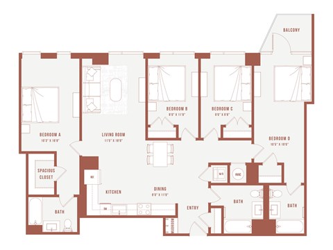 A floor plan of a house with a balcony, living room, kitchen, dining room, and four bedrooms.